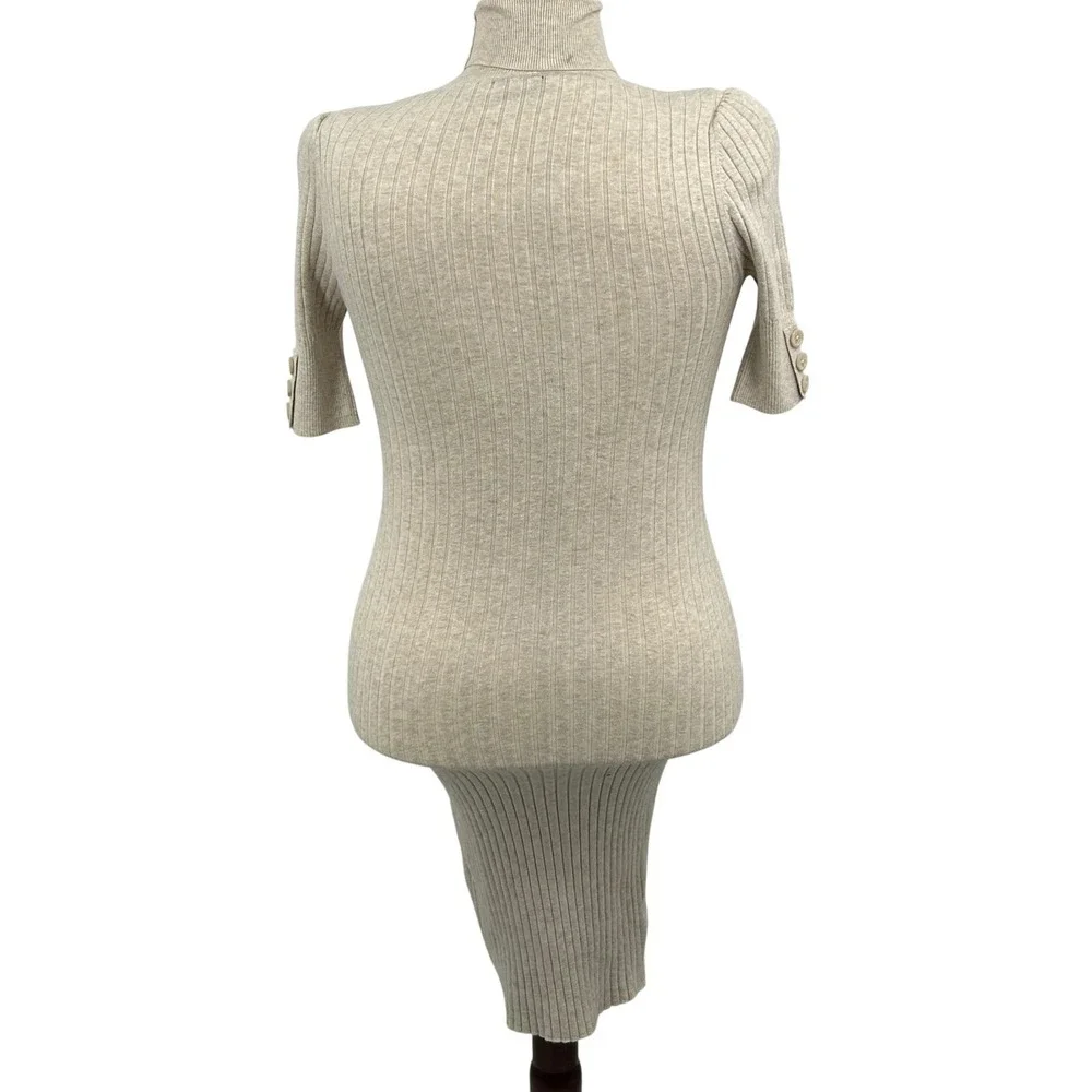 Moda International Sweater Dress Womens M Beige Ribbed Knit Turtleneck Midi Chic